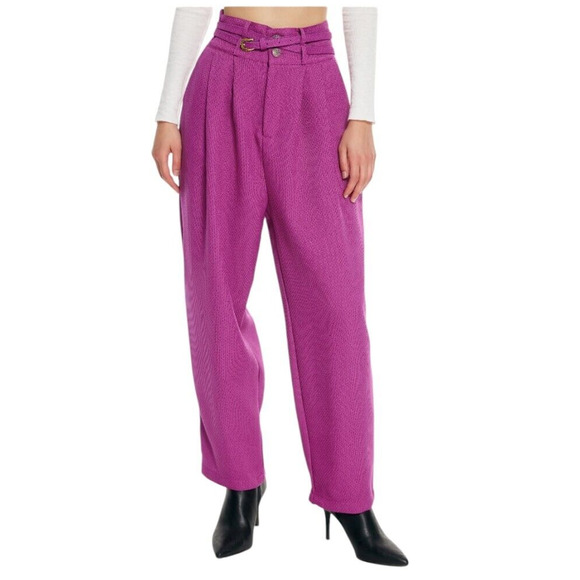 Cider Womens Tweed Solid Belted Straight Leg Trouser Pants High Rise Pink XL - Picture 1 of 11